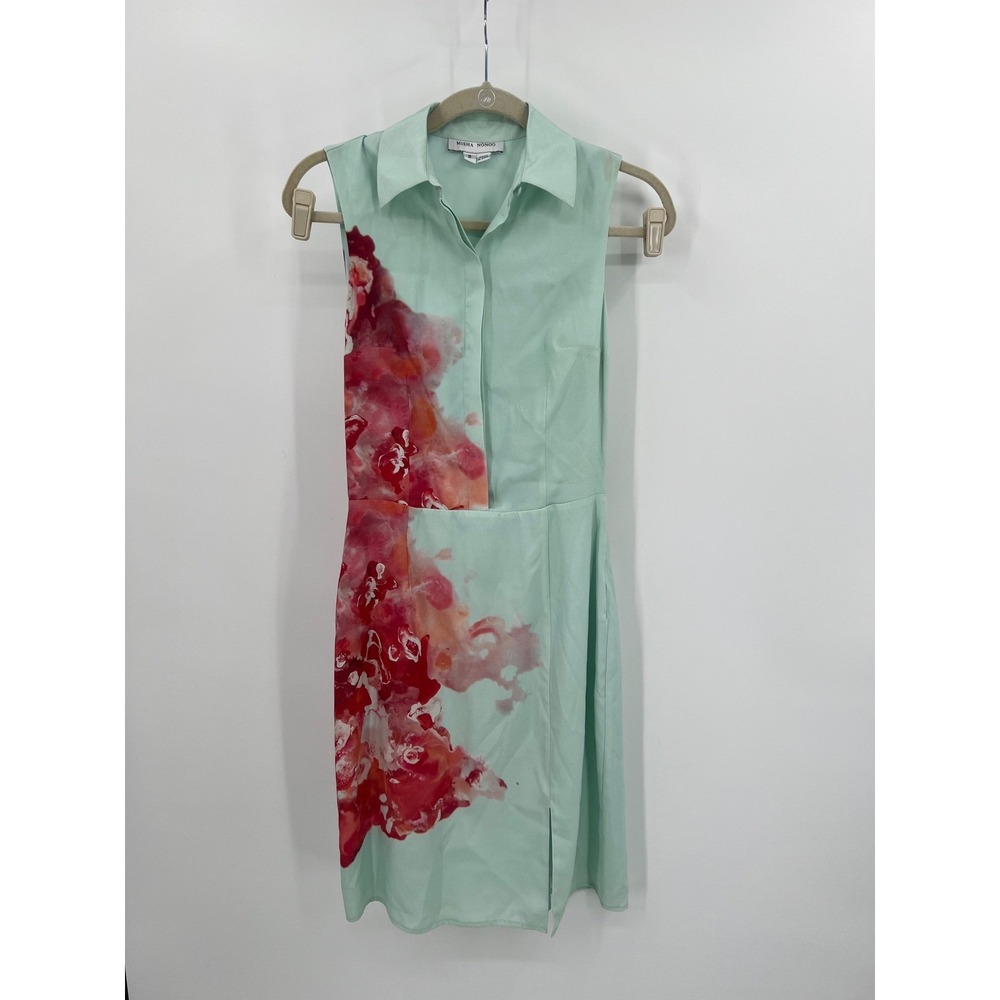 Misha Nonoo Mint Green Abstract 100% Silk Sleeveless Shirt Mini Dress Size 2‎